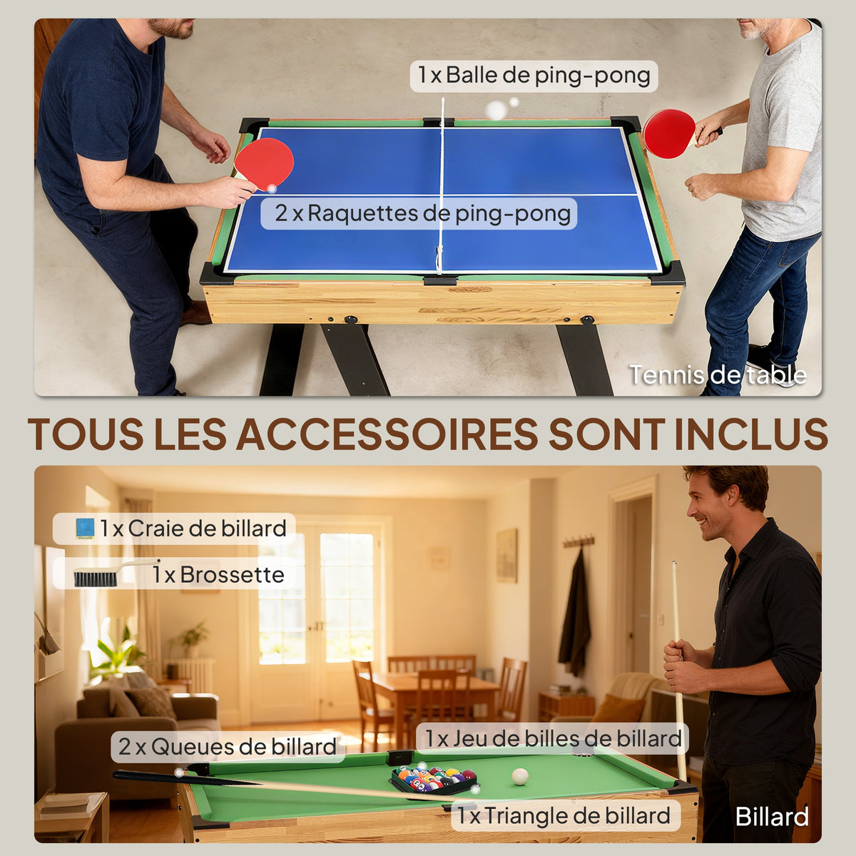 Table multijeux 13 en 1 pliable, table de jeu baby-foot, billard, pour enfants et adultes 120 x 106 x 82 cm noyer clair