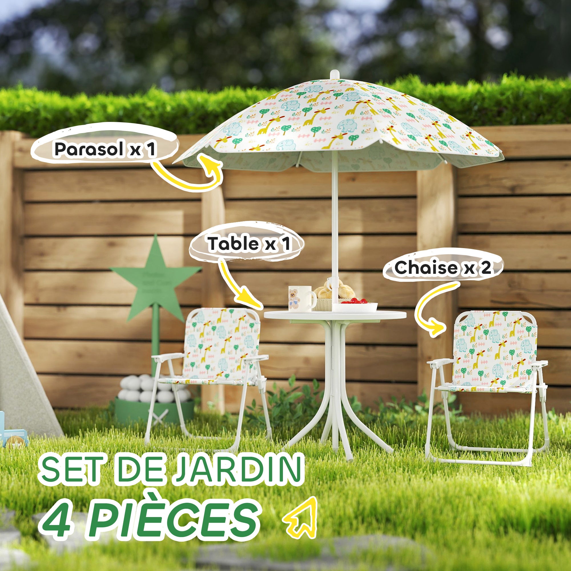 Ensemble salon de jardin extérieur enfant 4 pièces, motif éléphant et girafe, parasol réglable Ø 100 cm, chaise pliable