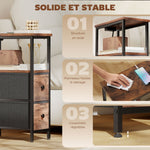 Table d'appoint avec station de charge, table de salon étroite avec 2 tiroirs en tissu, étagère ouverte, brun rustique