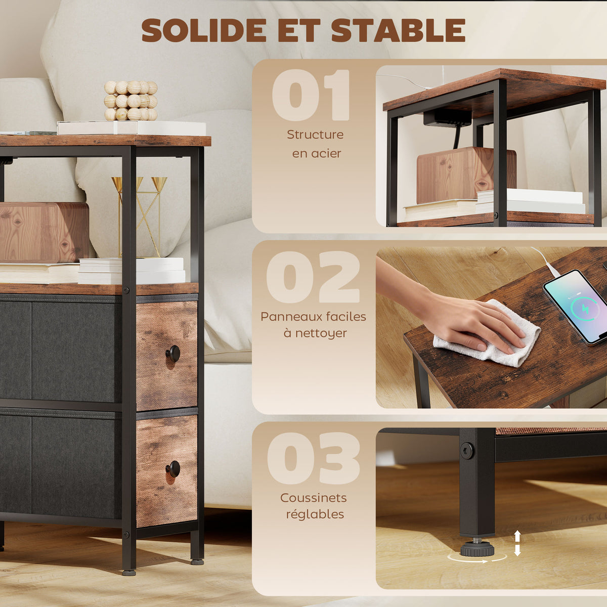 Table d'appoint avec station de charge, table de salon étroite avec 2 tiroirs en tissu, étagère ouverte, brun rustique
