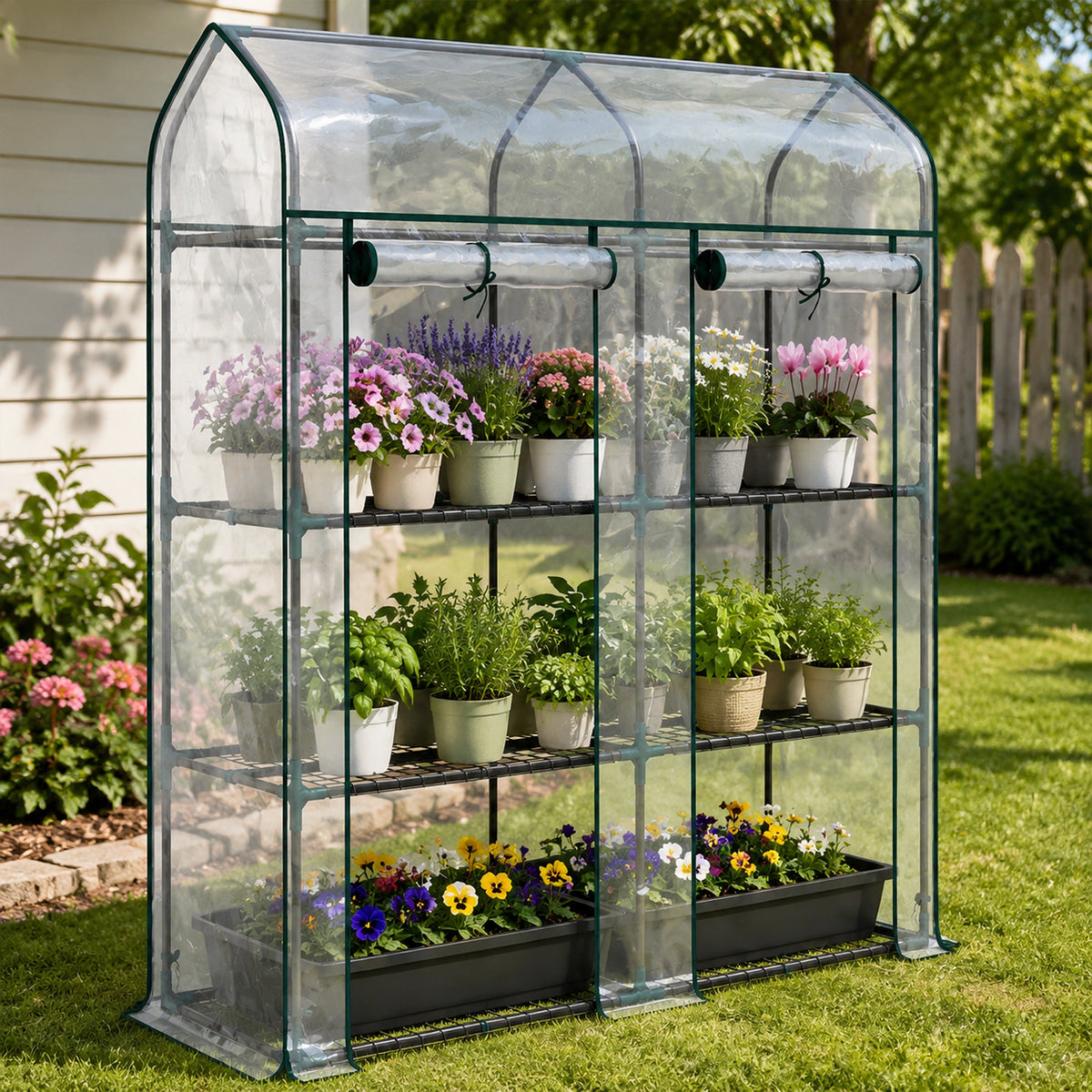 Serre de Jardin, Petite Serre de Balcon étagères 3 niveaux en Bâche PVC et Châssis Acier, 143 x 46 x 165 cm, transparent