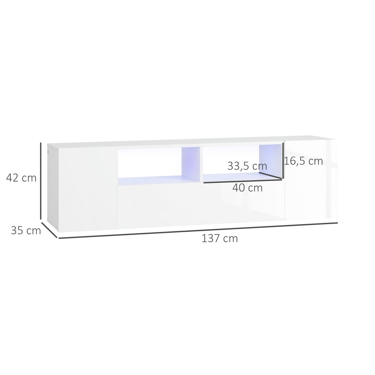 Meuble TV, banc TV, meuble de télévision, jusqu'à 60 pouces, avec lumières LED, 2 étagères et placards, panneau de porte brillant, 137 x 35 x 42 cm, blanc