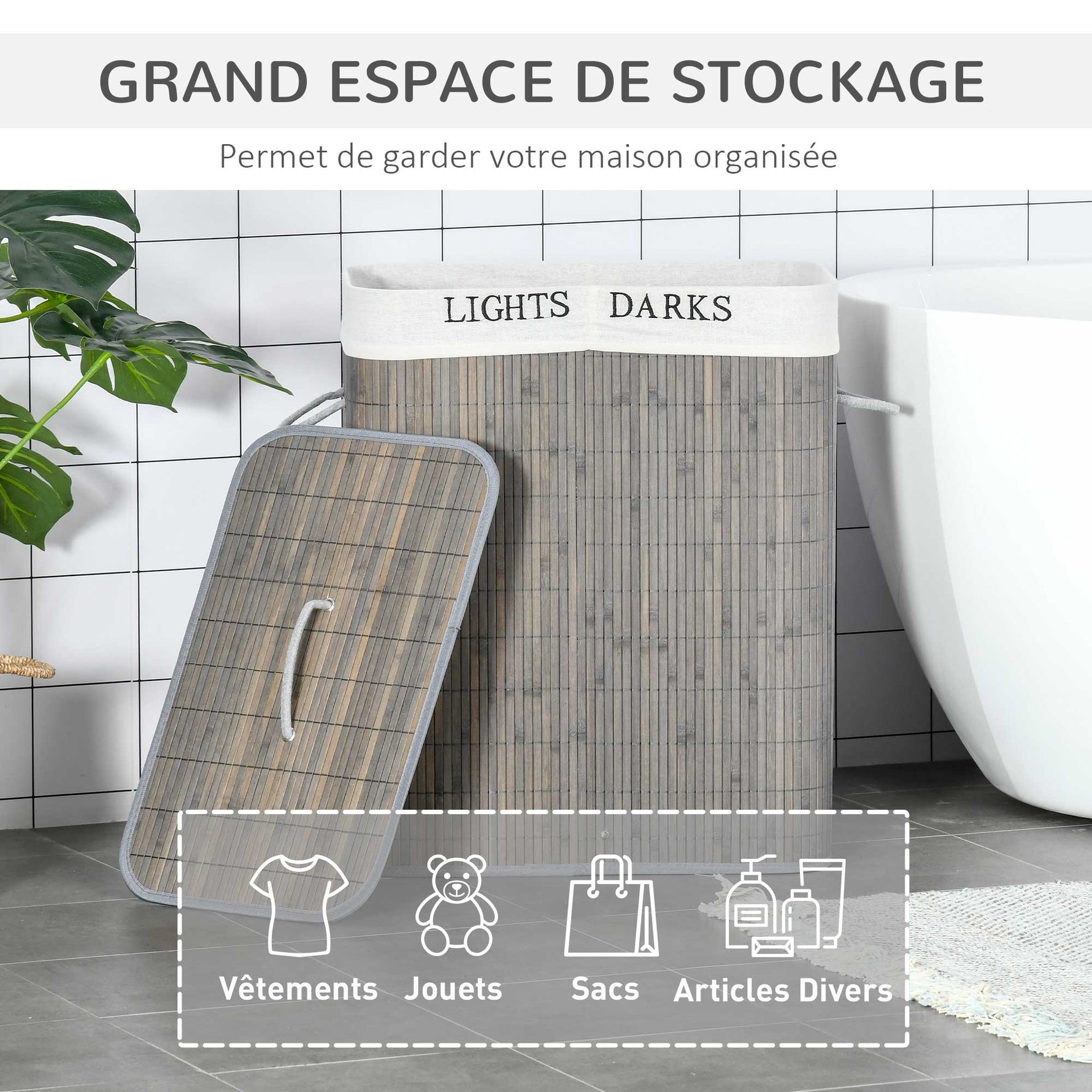 Panier à linge 100L avec 2 bacs bambou pliable couvercle poignée avec Sac amovible et lavable gris