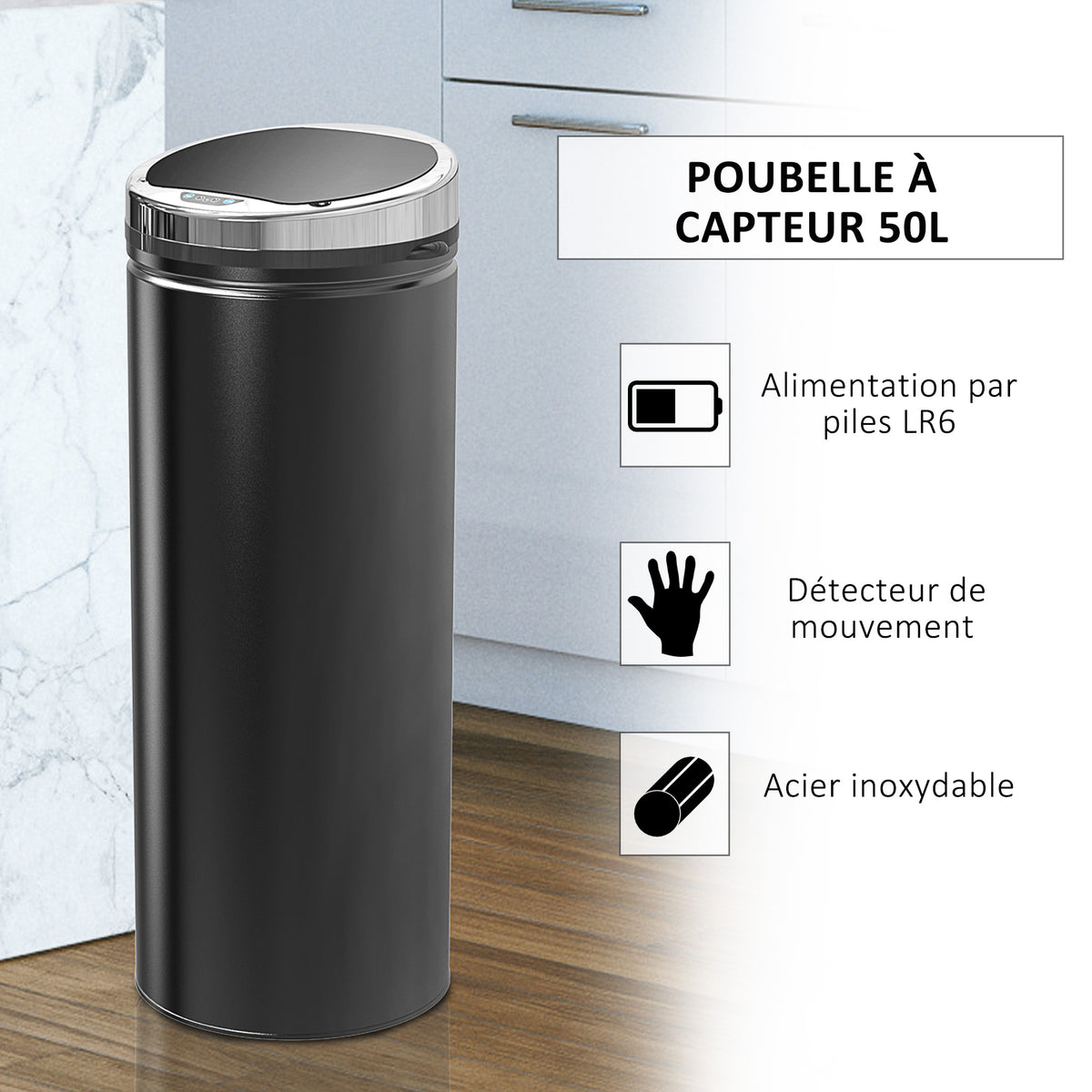 Poubelle à capteur de mouvement ouverture automatique 1 bac de 50 L en acier inoxydable noir