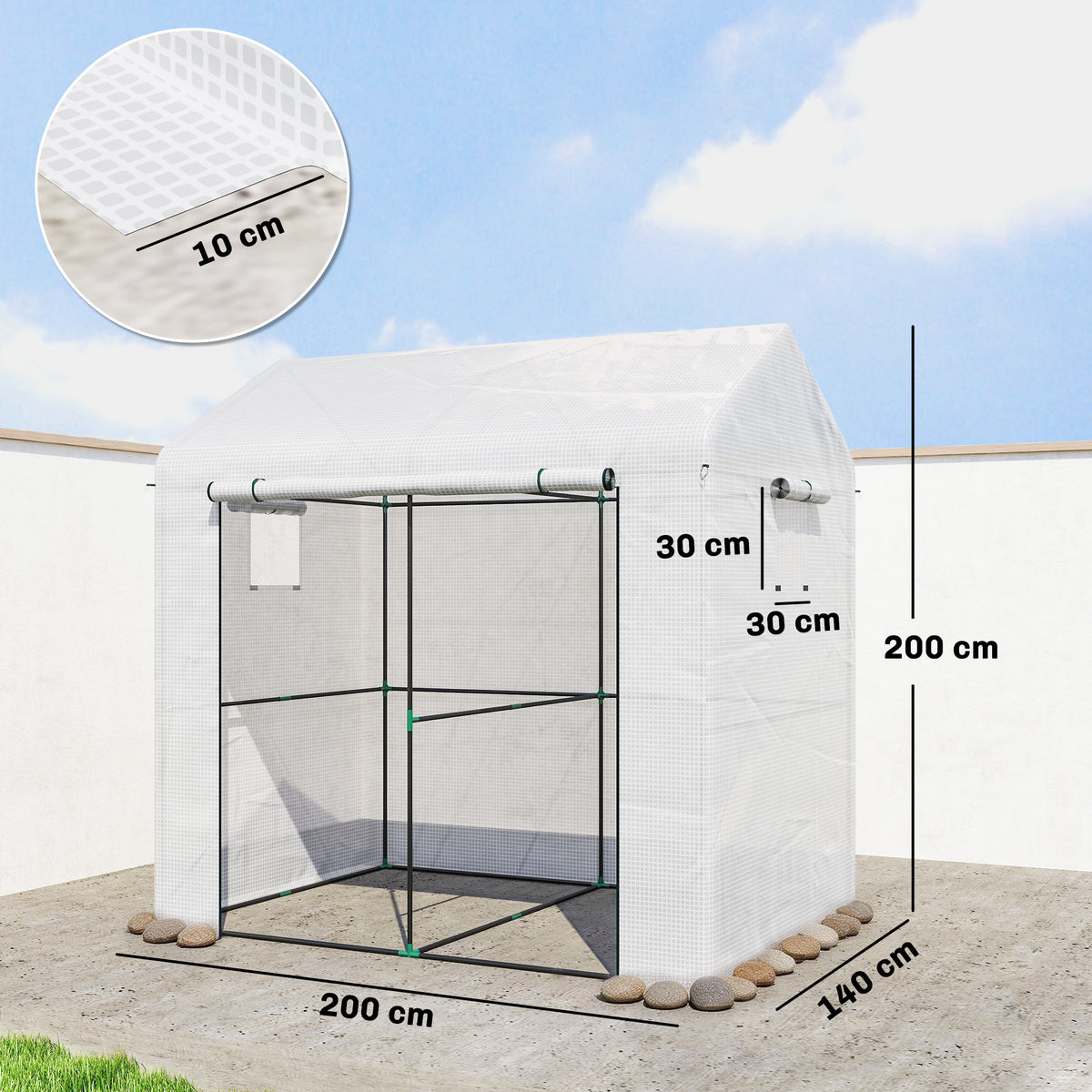 Serre de jardin PE, serre de balcon, bâche renforcée 135 g/m², châssis en acier, porte zippée, 200 x 140 x 200 cm, blanc