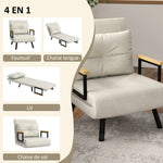 Fauteuil convertible 4 en 1 lit 1 place dossier 5 positions, accoudoirs en bois et coussin, tissu effet velours, crème
