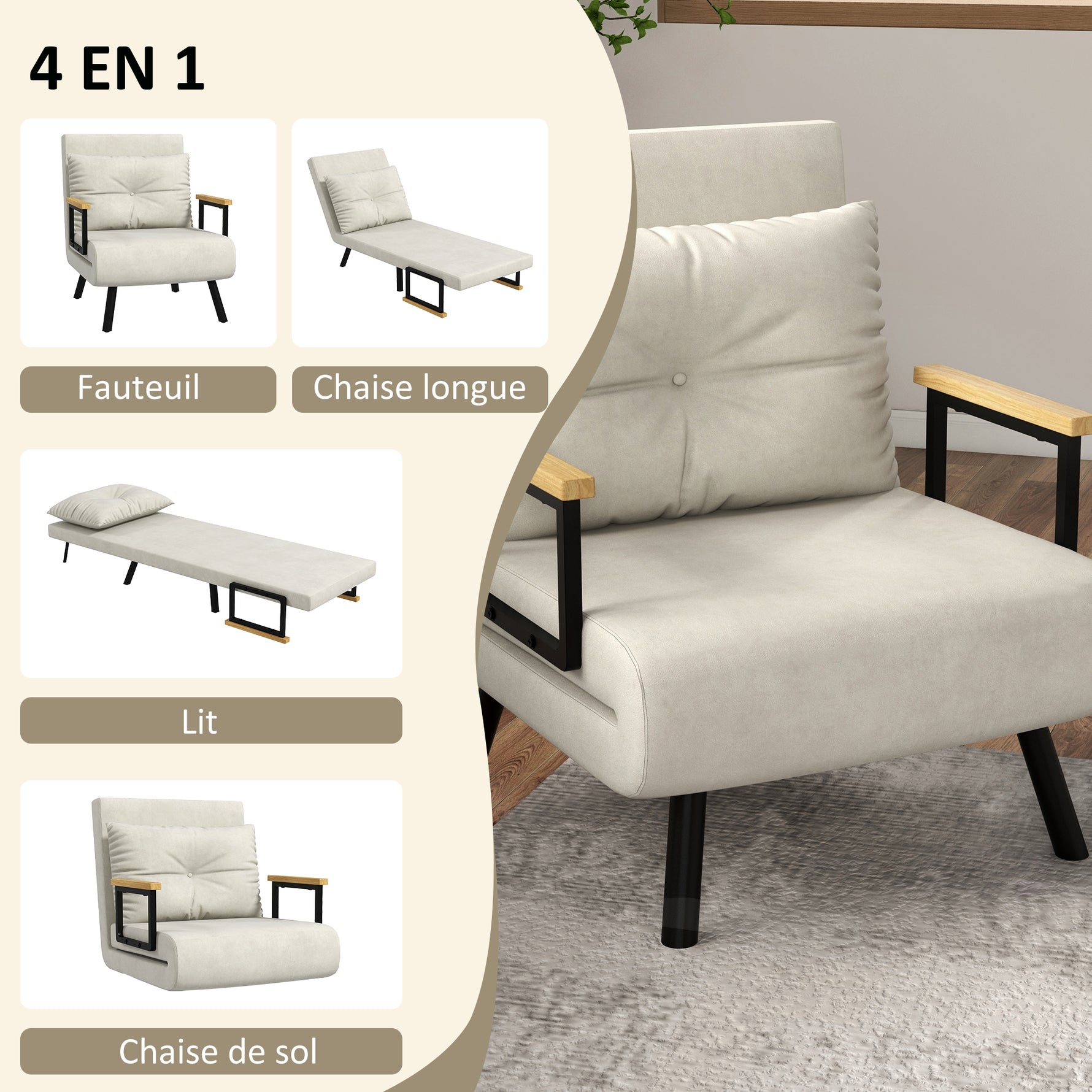 Fauteuil convertible 4 en 1 lit 1 place dossier 5 positions, accoudoirs en bois et coussin, tissu effet velours, crème