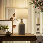 Lampe de Table avec Base en Céramique et Abat-Jour en Lin, Lampe de Chevet Rétro avec Culot E27, Blanc et Sable