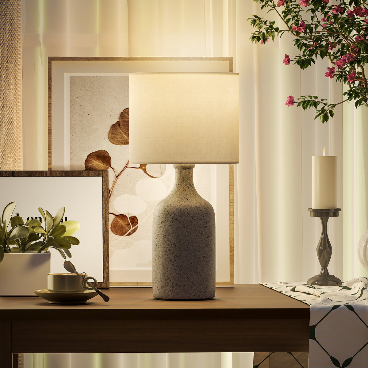 Lampe de Table avec Base en Céramique et Abat-Jour en Lin, Lampe de Chevet Rétro avec Culot E27, Blanc et Sable