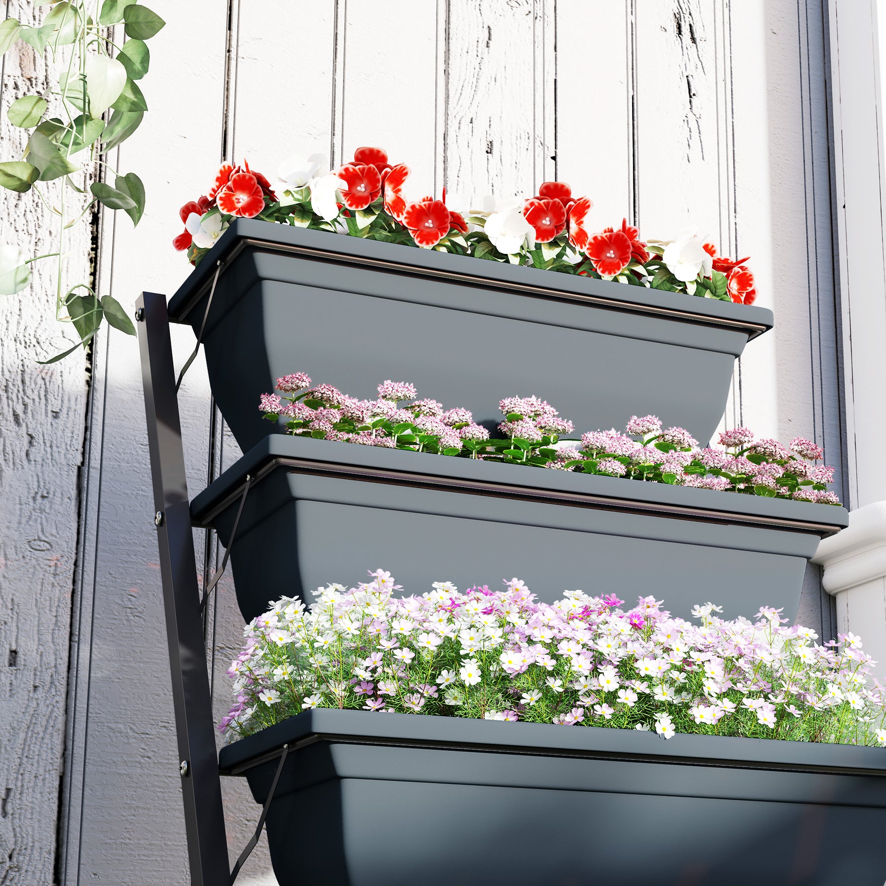 Jardinière surélevée avec étages jardinière verticale avec 5 bacs à fleurs trous de drainage cadre en acier gris