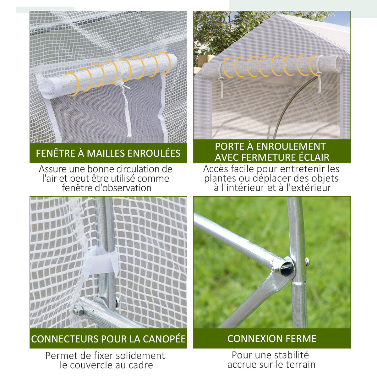 Serre tunnel de jardin 8m², serre de jardin tunnel avec 1 portes et 6 fenêtres, bâche PE 140g/m² 400x200x200cm blanc