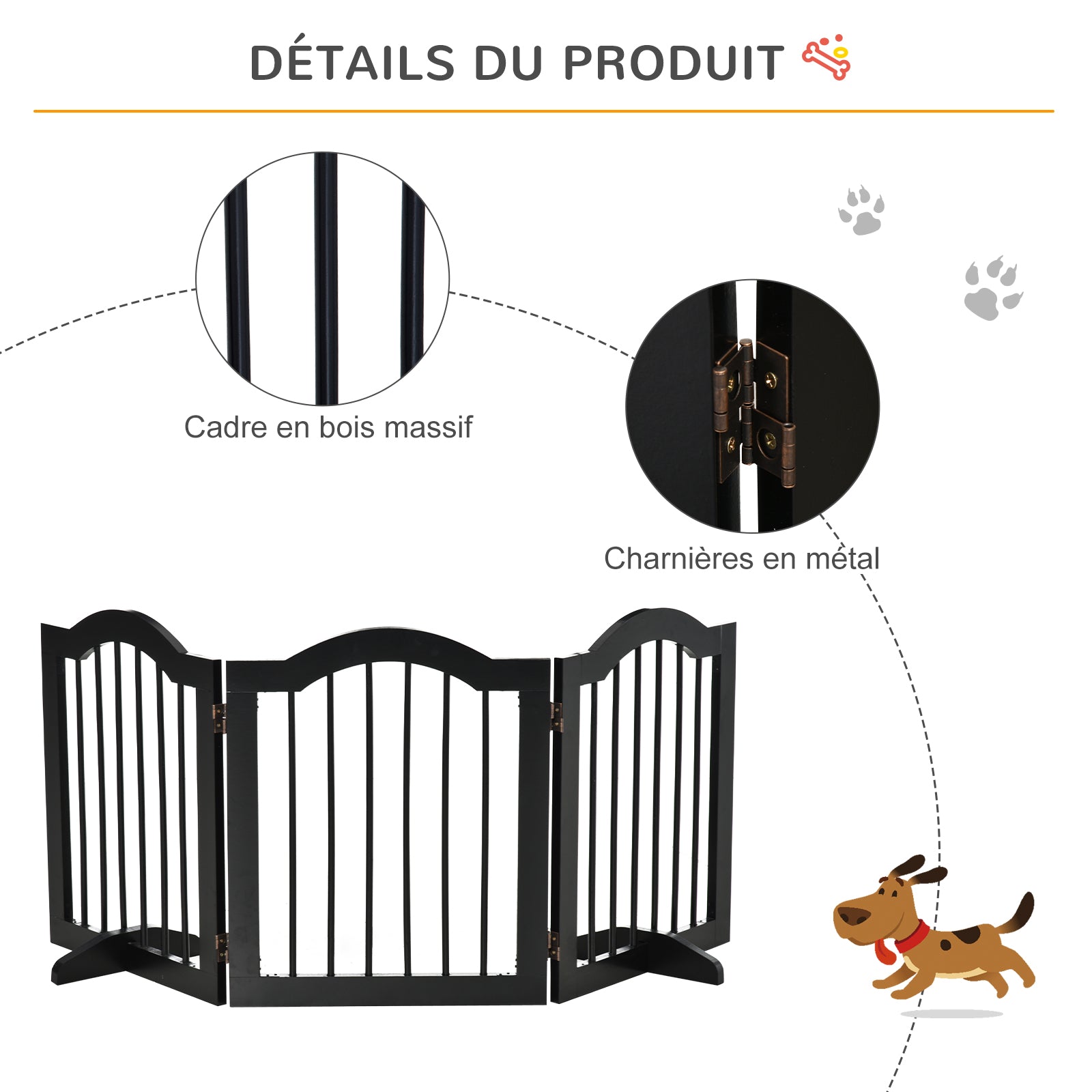 Barrière de sécurité chien barrière modulable pliable pour animaux de compagnie avec pied de support MDF bois massif 154,5 x 61 cm noir