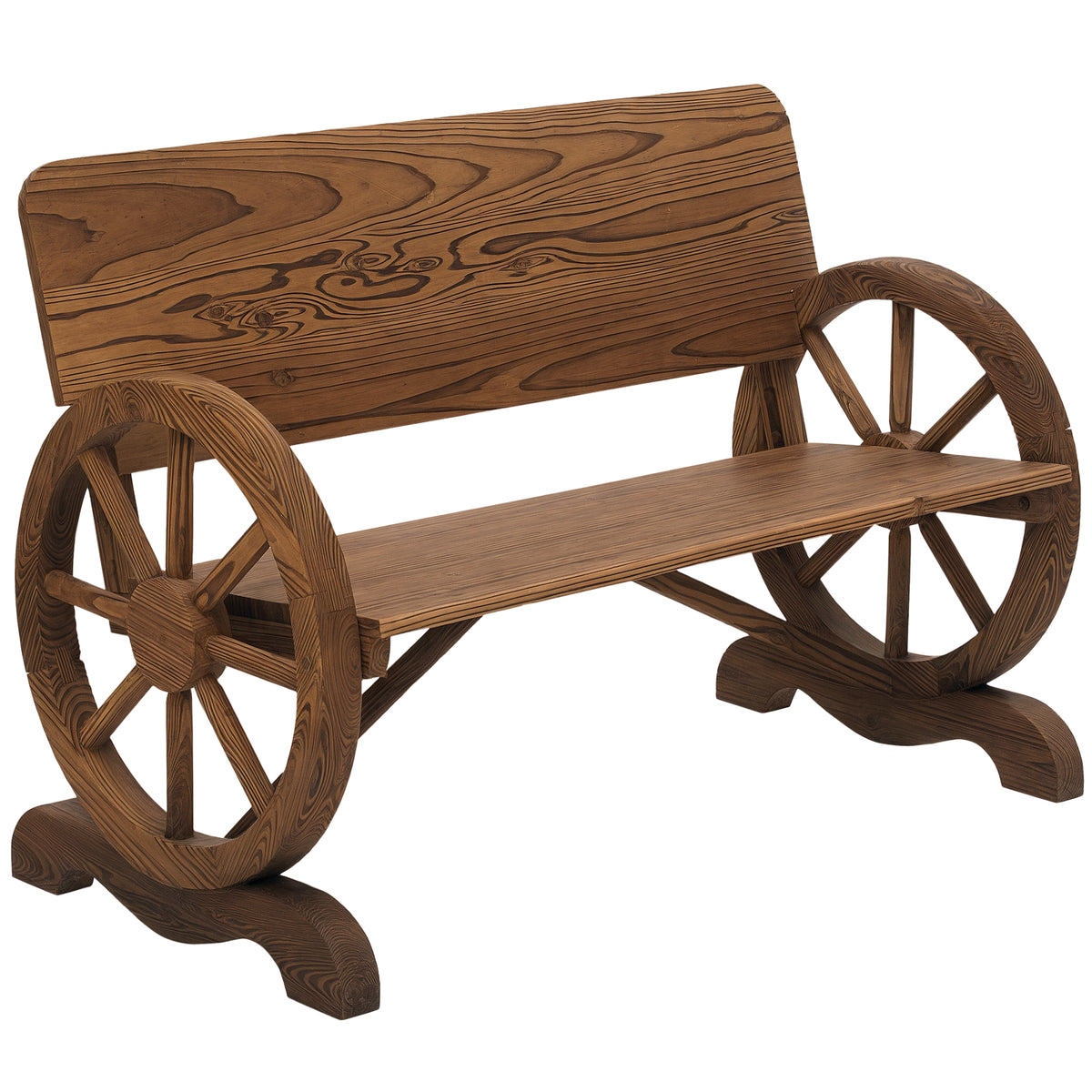 Banc de Jardin 3 Places Style Rustique Chic accoudoirs Roues de Charette Bois Sapin traité carbonisation