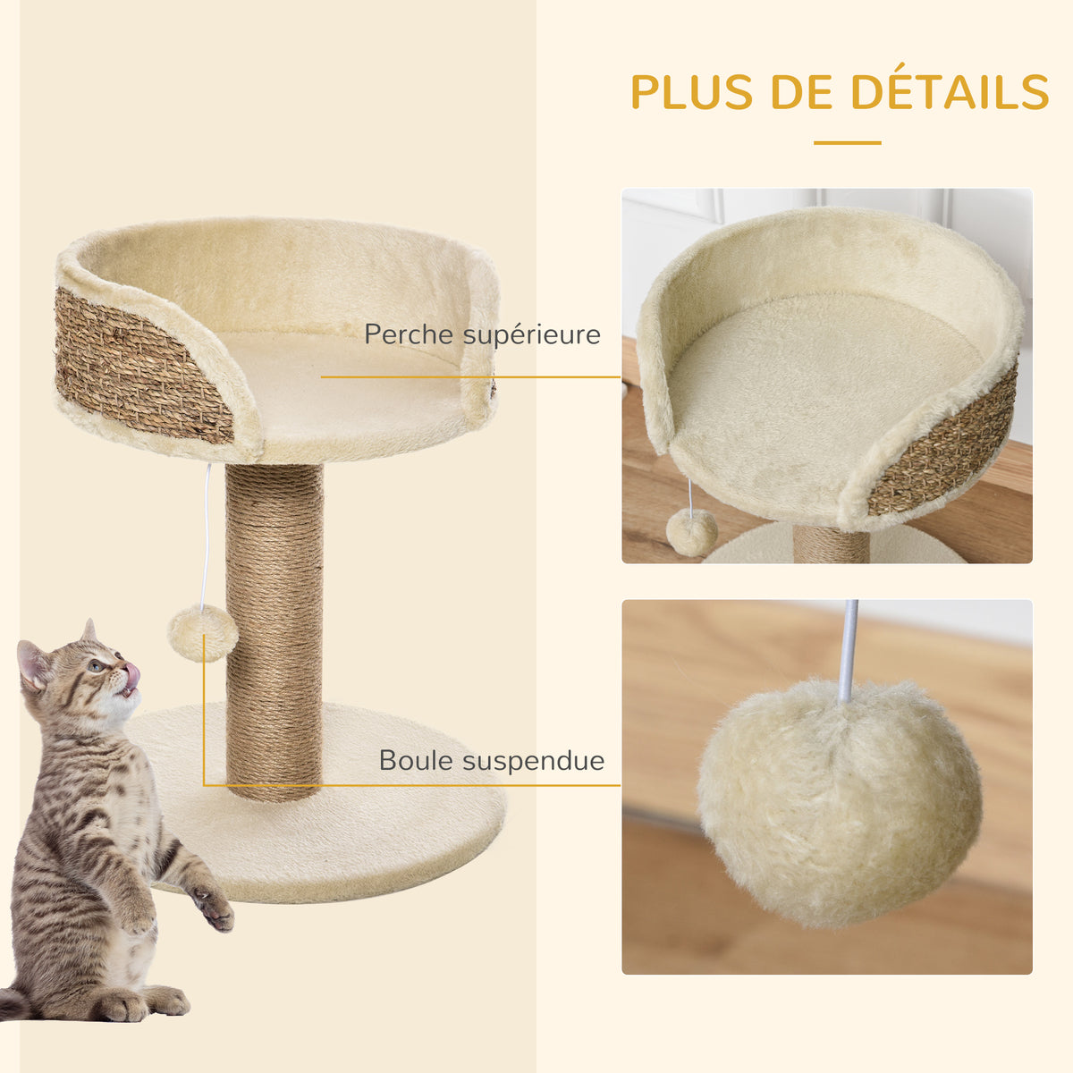 Cat tree climbing tree scratching post design toy hanging pom-pom + plush platform 40 x 40 x 49 cm beige sisal