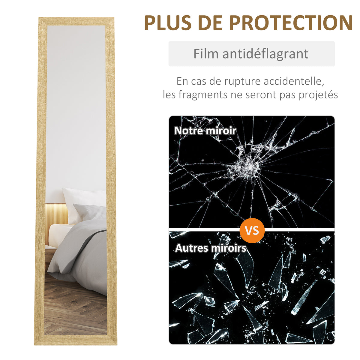 Miroir sur pied mural ou à poser rectangulaire avec cadre en bois pour salon chambre à coucher 37 x 155 cm marron clair