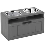 Gamelle Chien Surélevée avec Bols Anti-Glouton & Eau en Acier Inoxydable, Tiroir de Rangement, 60x30x35cm, Gris
