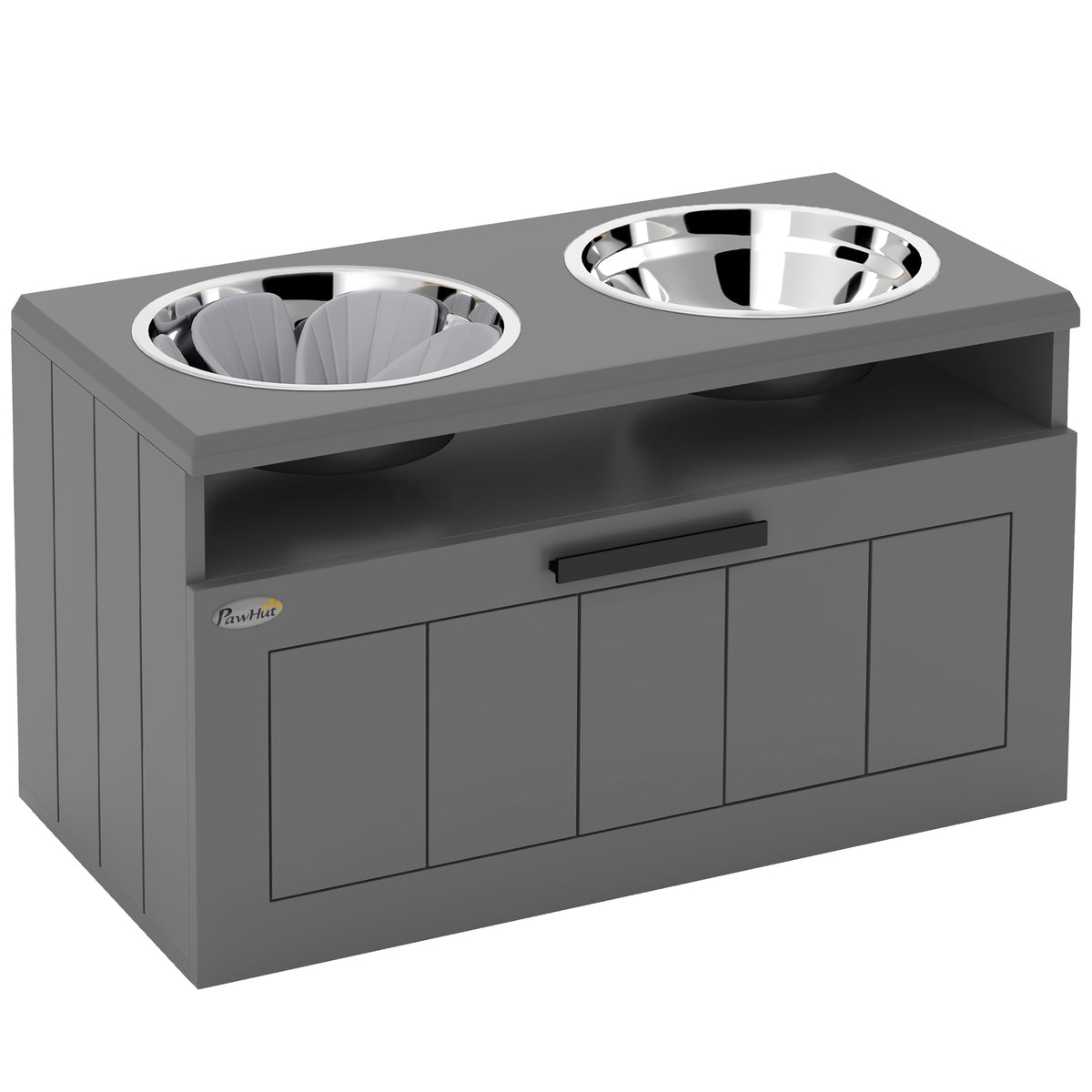 Gamelle Chien Surélevée avec Bols Anti-Glouton & Eau en Acier Inoxydable, Tiroir de Rangement, 60x30x35cm, Gris