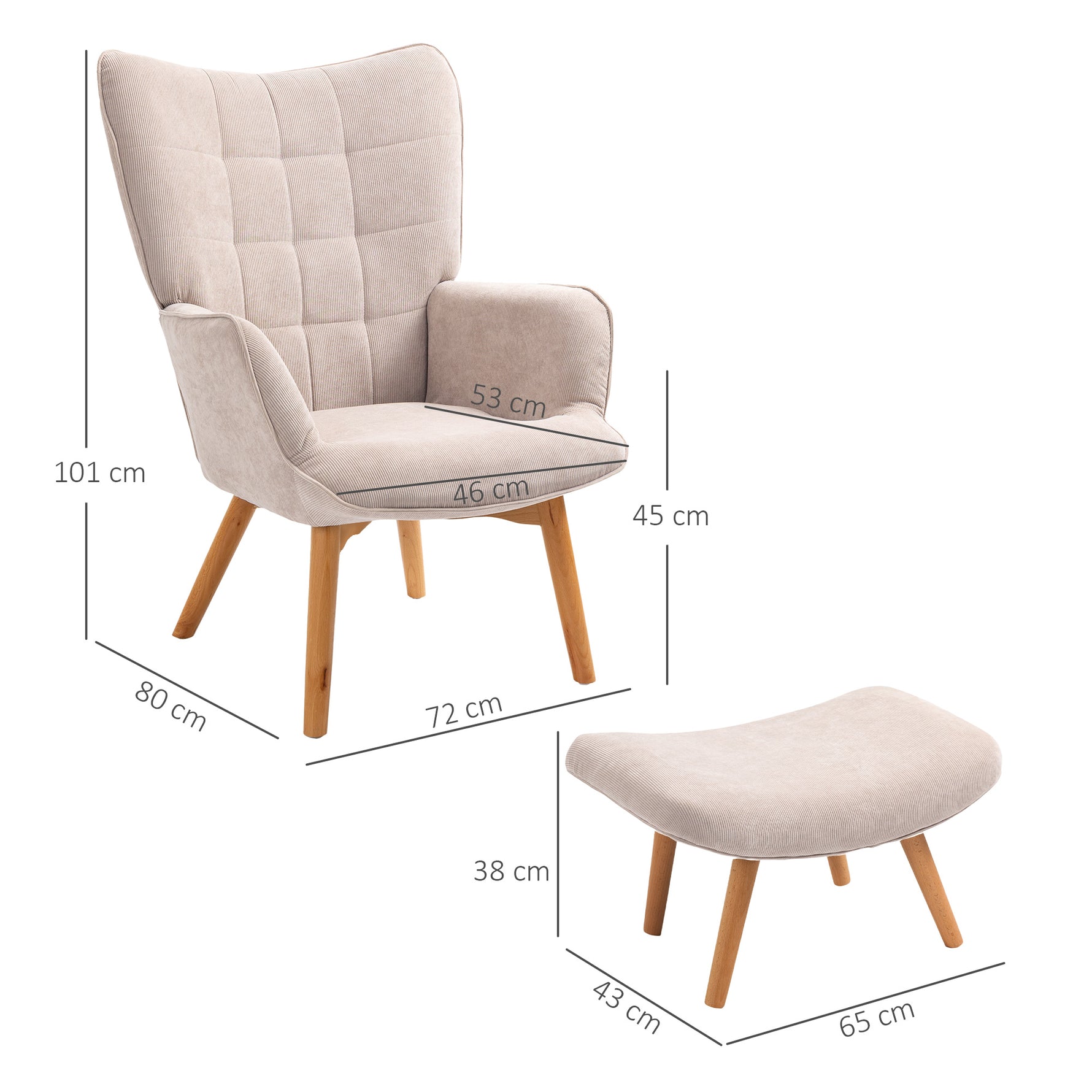 Fauteuil avec repose pied, dossier haut, pieds en bois et tissu aspect velours côtelé, pour salon chambre à coucher beige