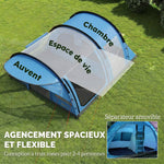 Grande Tente Tunnel Camping 4 Personnes 3-4 Saisons Hauteur d'Homme 2 m Séjour XL 3,7 m Imperméable 3000mm Bleu