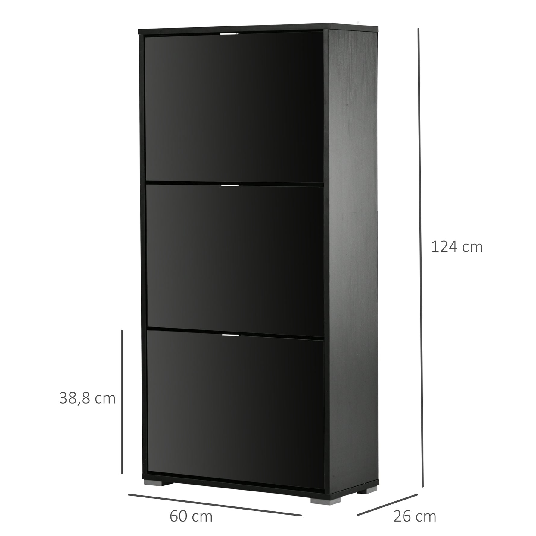 Meuble à Chaussures Armoire à chaussures 3 Portes abattantes 3 Compartiments en bois 60L x 26I x 124H cm Noir