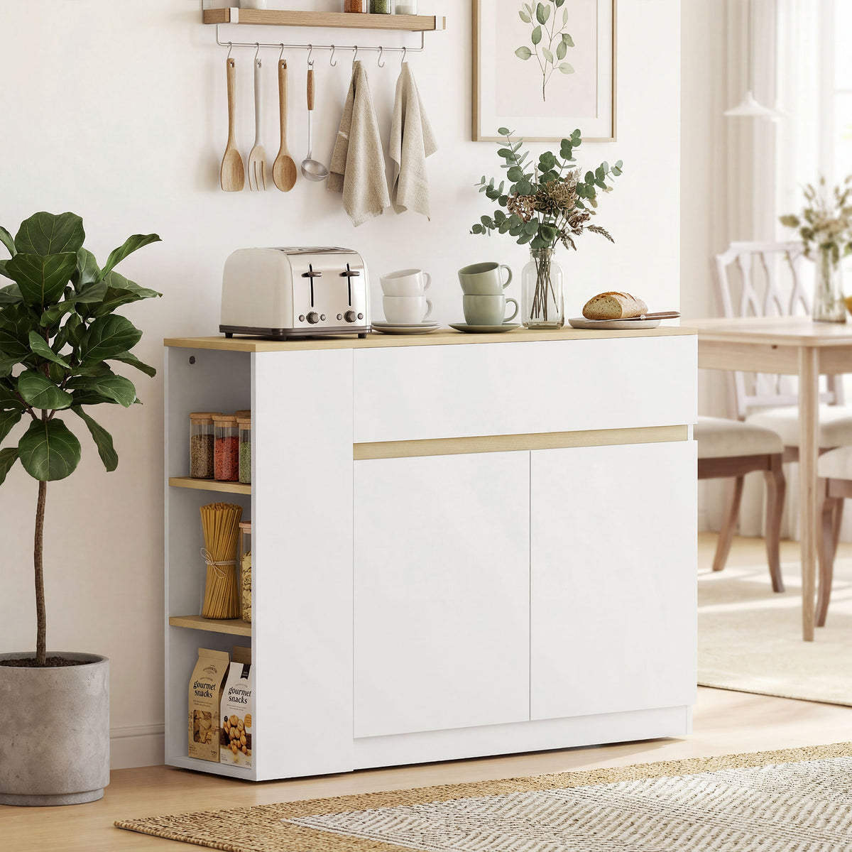 Buffet meuble de rangement avec 2 tiroirs 3 étagères ouvertes et placard 2 portes 110 x 29,5 x 82 cm blanc