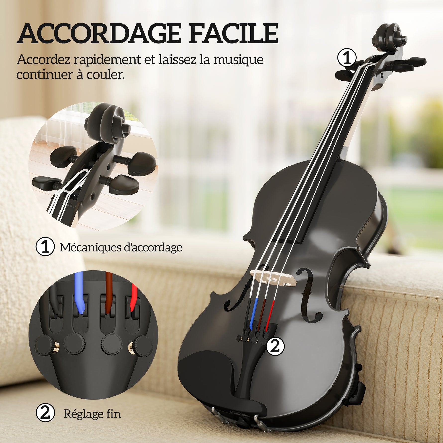 Violon 4/4 Ensemble de Violon en Bois Massif pour Adultes et Débutants avec Étui Léger et Portable 60 x 21 cm Noir
