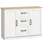 Buffet salon, meuble de rangement avec 2 portes à fermeture douce et 3 tiroirs, 110x35x80,4cm, blanc et bois naturel