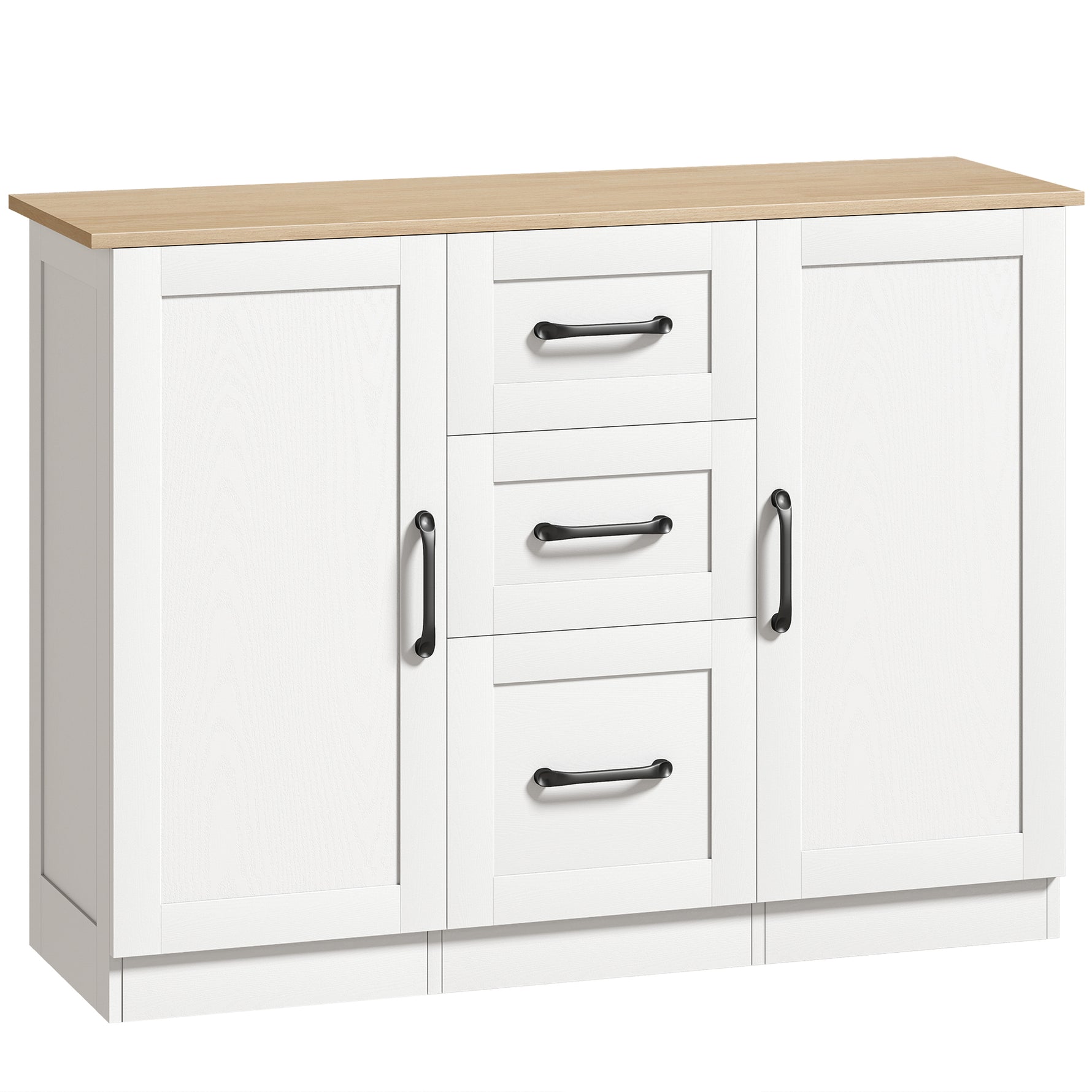 Buffet salon, meuble de rangement avec 2 portes à fermeture douce et 3 tiroirs, 110x35x80,4cm, blanc et bois naturel