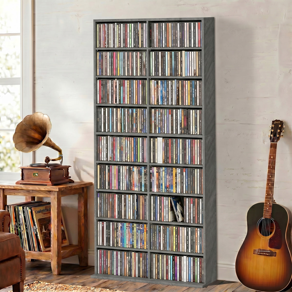 Rangements pour CD et DVD 18 compartiments capacité max. 640 CD/360 DVD 430 Blu-ray 78,5 x 24 x 175 cm gris clair