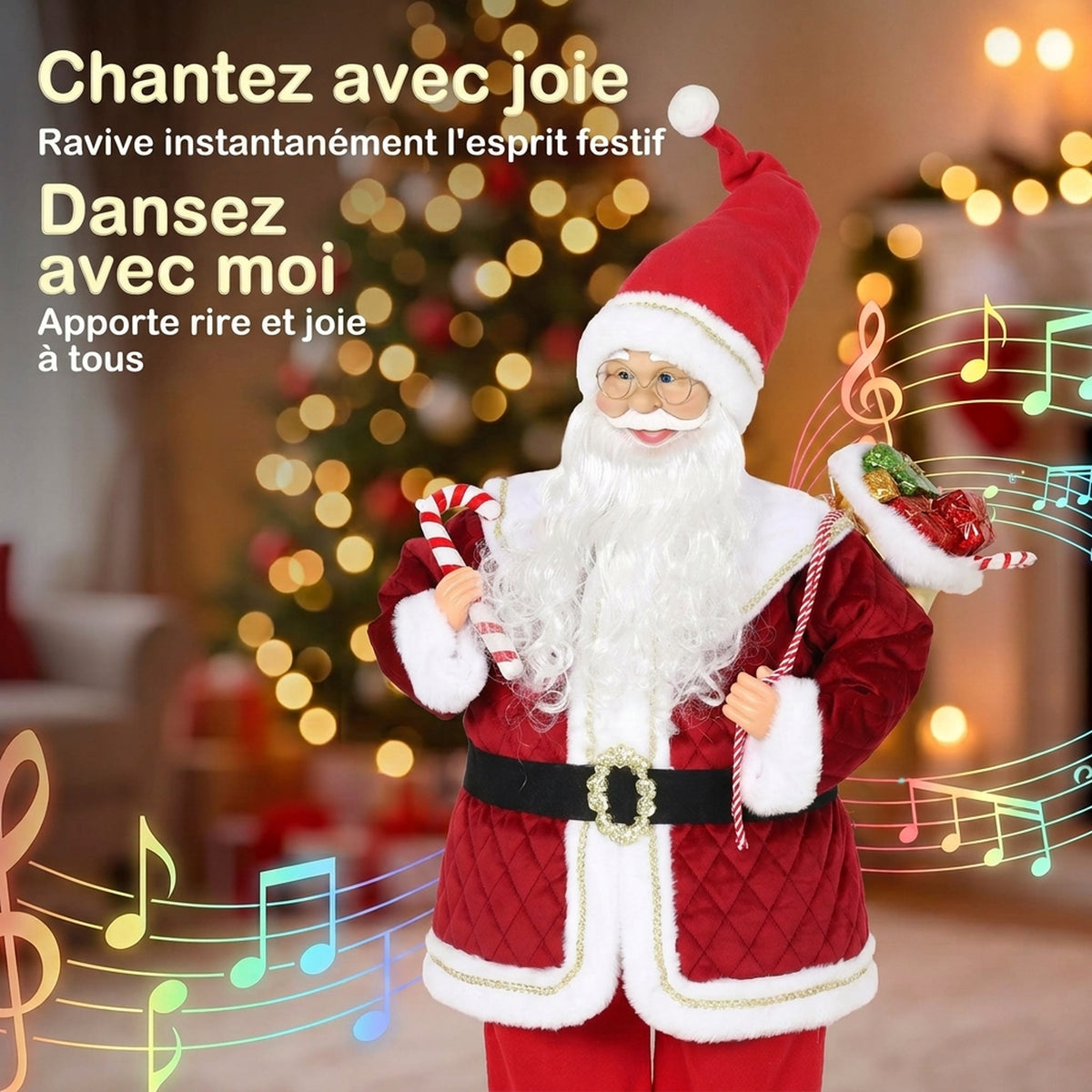 120 cm-tako Aita Noel animatua musikarekin, Gabonetako apaingarri kantari buru-mugikorra, soinu eta ukimen bidez aktibatzen dena, gorria