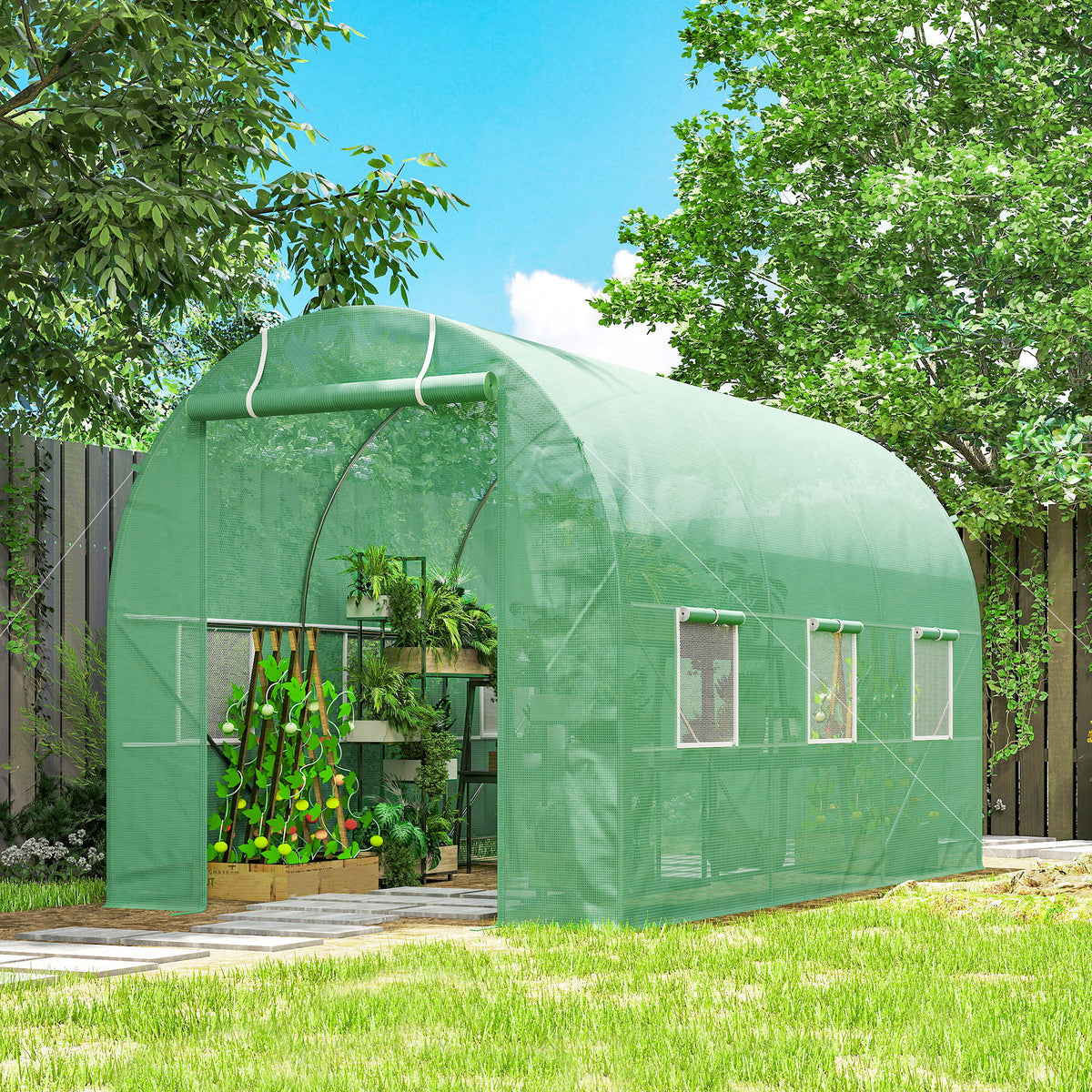 Serre de Jardin Tunnel Surface Sol 7m² 3,5L x 2l x 2H m châssis Tubulaire renforcé Porte zippée 6 fenêtres enroulables Vert