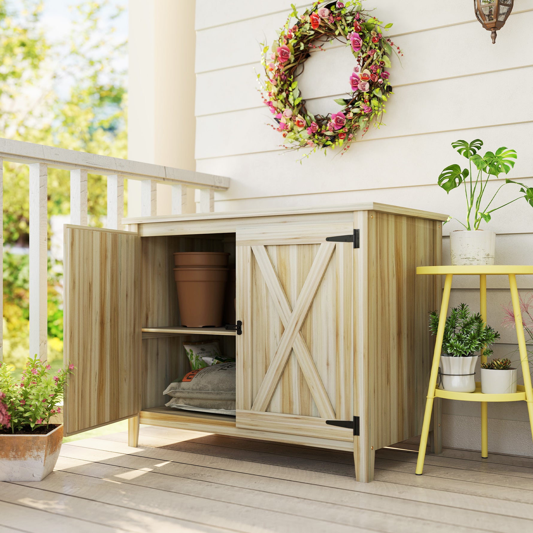 Armoire de jardin en bois, placard de jardin en bois avec étagères et double portes, 110 x 60 x 88,5 cm, bois naturel