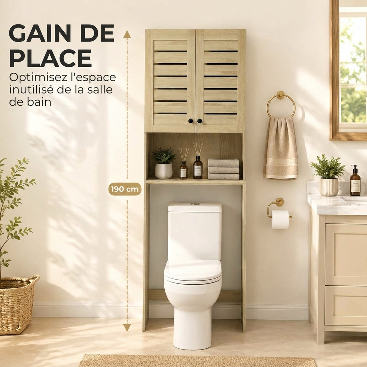 Meuble WC dessus de toilette/machine à laver avec placard à porte double, portes à persiennes, 67x31,5x190cm, chêne