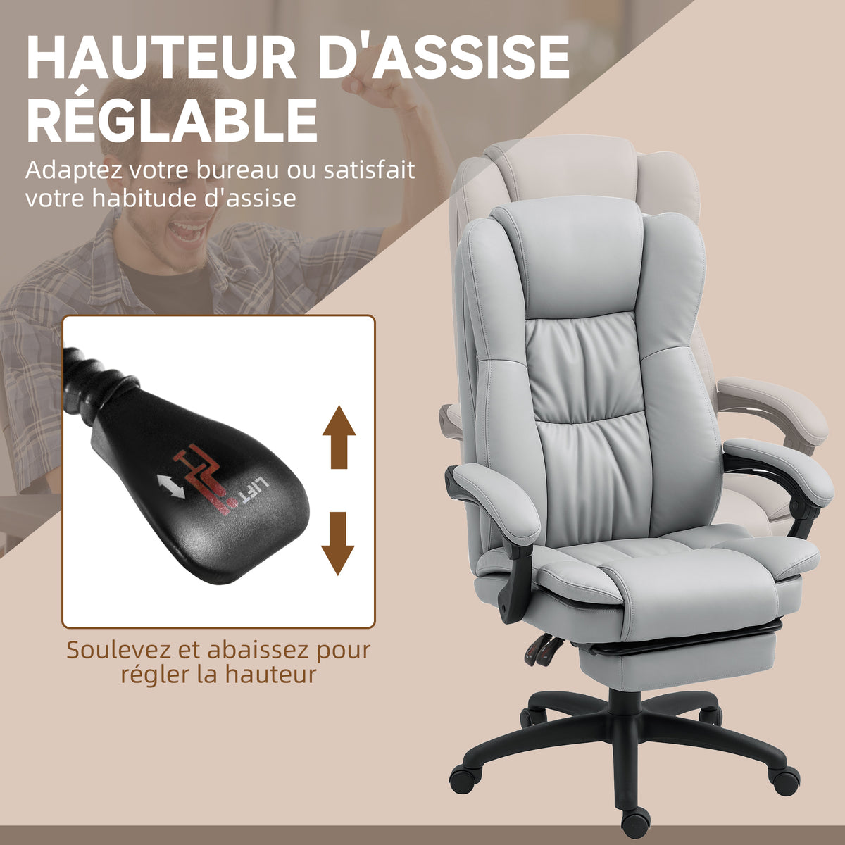 Fauteuil de bureau massant, chaise de bureau avec hauteur réglable, dossier inclinable et télécommande filaire, gris