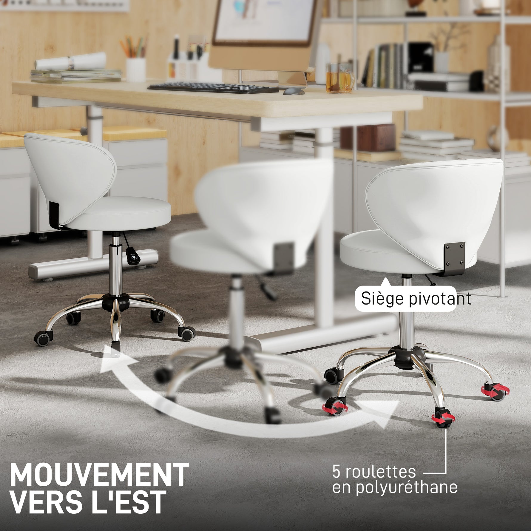 Tabouret à roulettes, tabouret de massage en PU avec hauteur réglable 73-88 cm et dossier, pivotant 360°, blanc