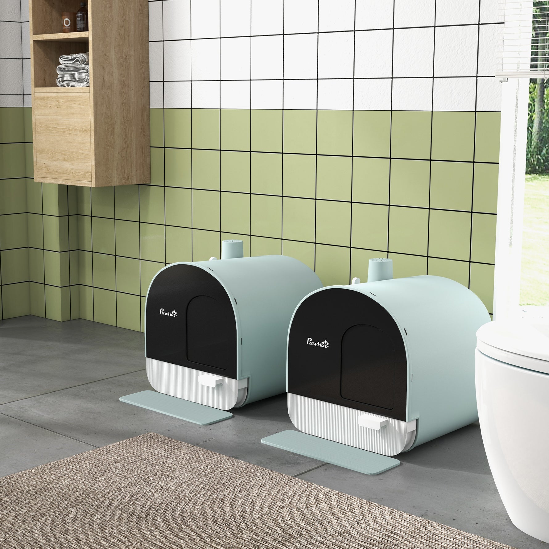 Lot de 2 bacs à litière pour chat avec porte battante, pelle et filtre inclus dim. 43L x 44l x 47H cm