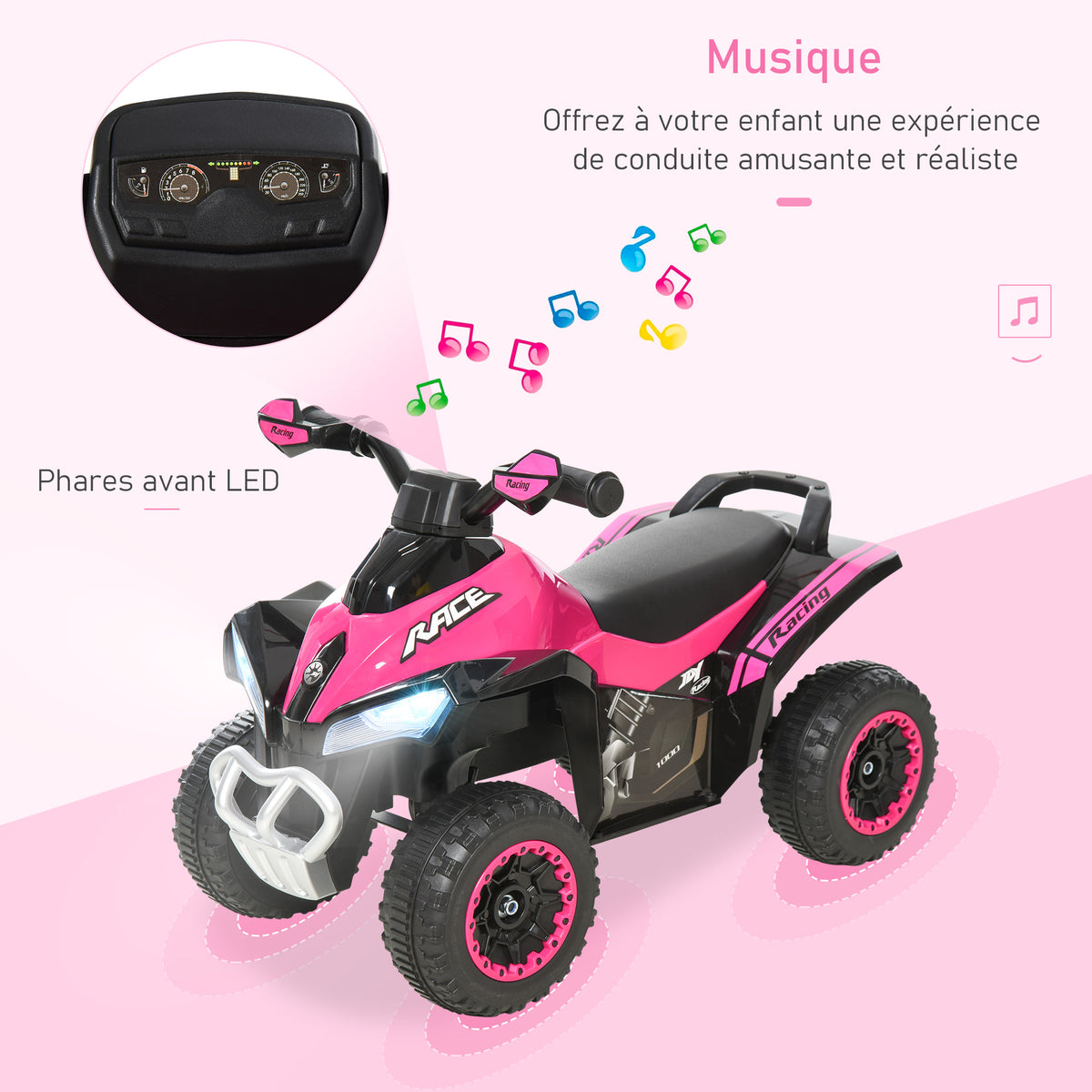 Porteur Enfants SANS Moteur Quad 18-36 Mois dim. 67L x 38l x 44H cm Effets Lumineux et sonores Rose Noir PAS ÉLECTRIQUE