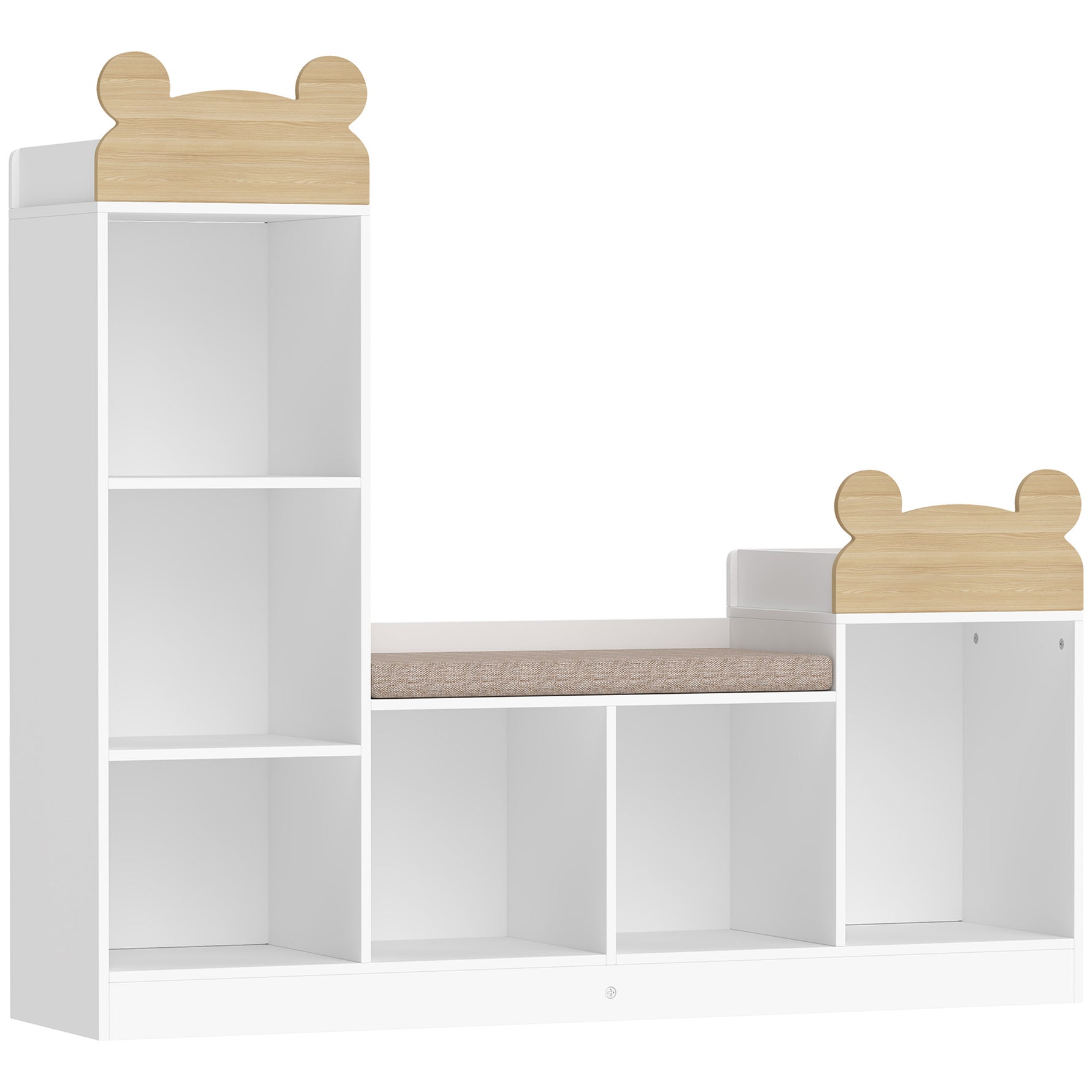 Bibliothèque Enfant, Meuble Rangement Enfant 3 en 1 avec Banc, 6 Compartiments, 2 Étagères, Coussin d'Assise, Blanc