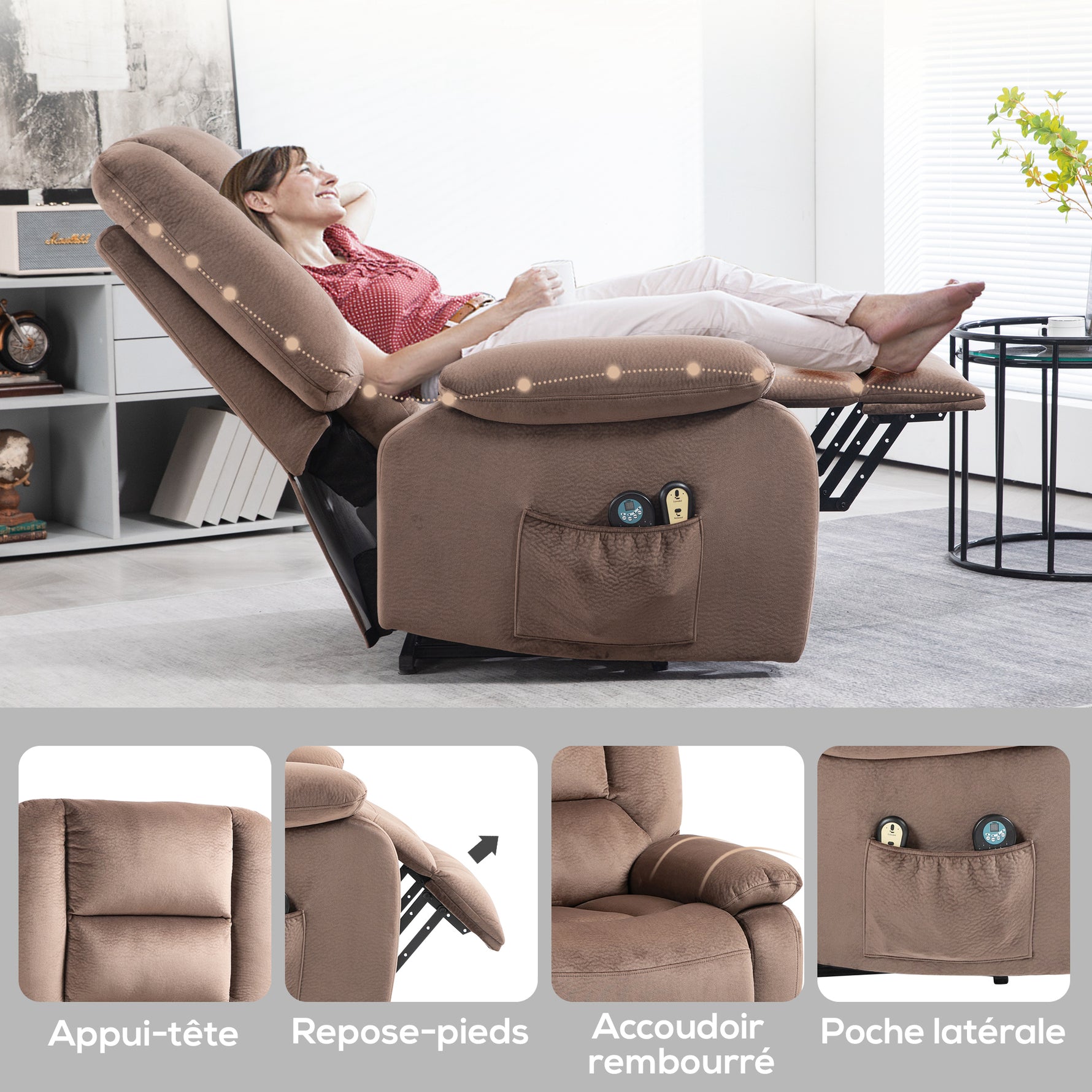 Fauteuil releveur électrique fauteuil relaxant dossier inclinable avec repose-pied télécommandes 90 x 93 x 110 cm marron