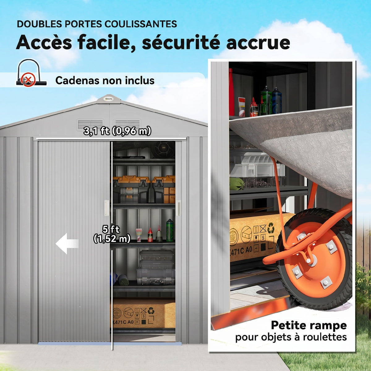 Abri de Jardin 2,42 m² - Remise pour Outils avec Kit de Fondation - Cabanon Porte Verrouillable - Tôle d'Acier Gris