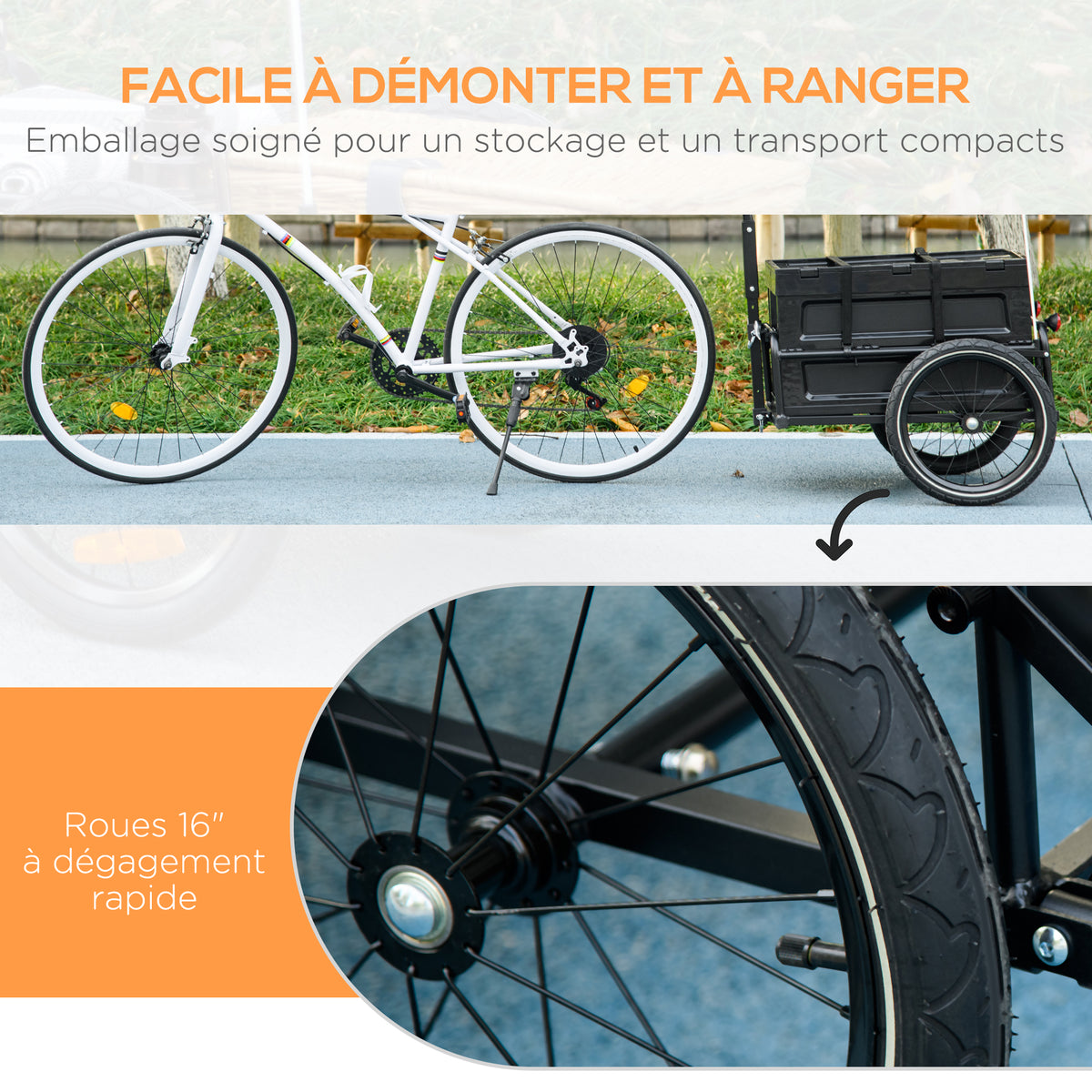 Remorque à vélo avec coffre de rangement amovible et pliable de 65L, réflecteurs de sécurité, charge max. 40KG, noir