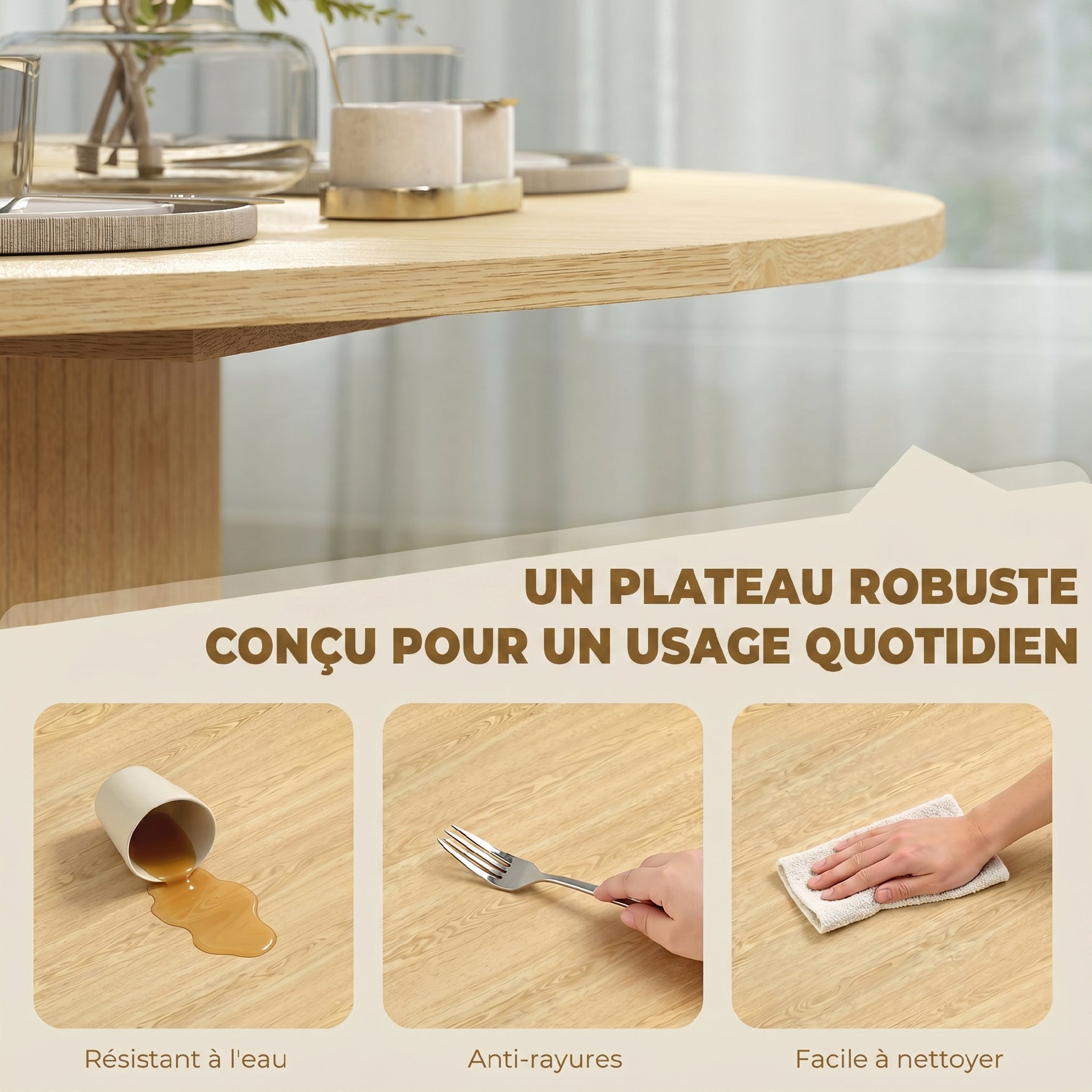 Table à manger ronde pour 4-6 personnes, Ø 120 x 75 cm, table de cuisine avec base cylindrique cannelée, bois naturel