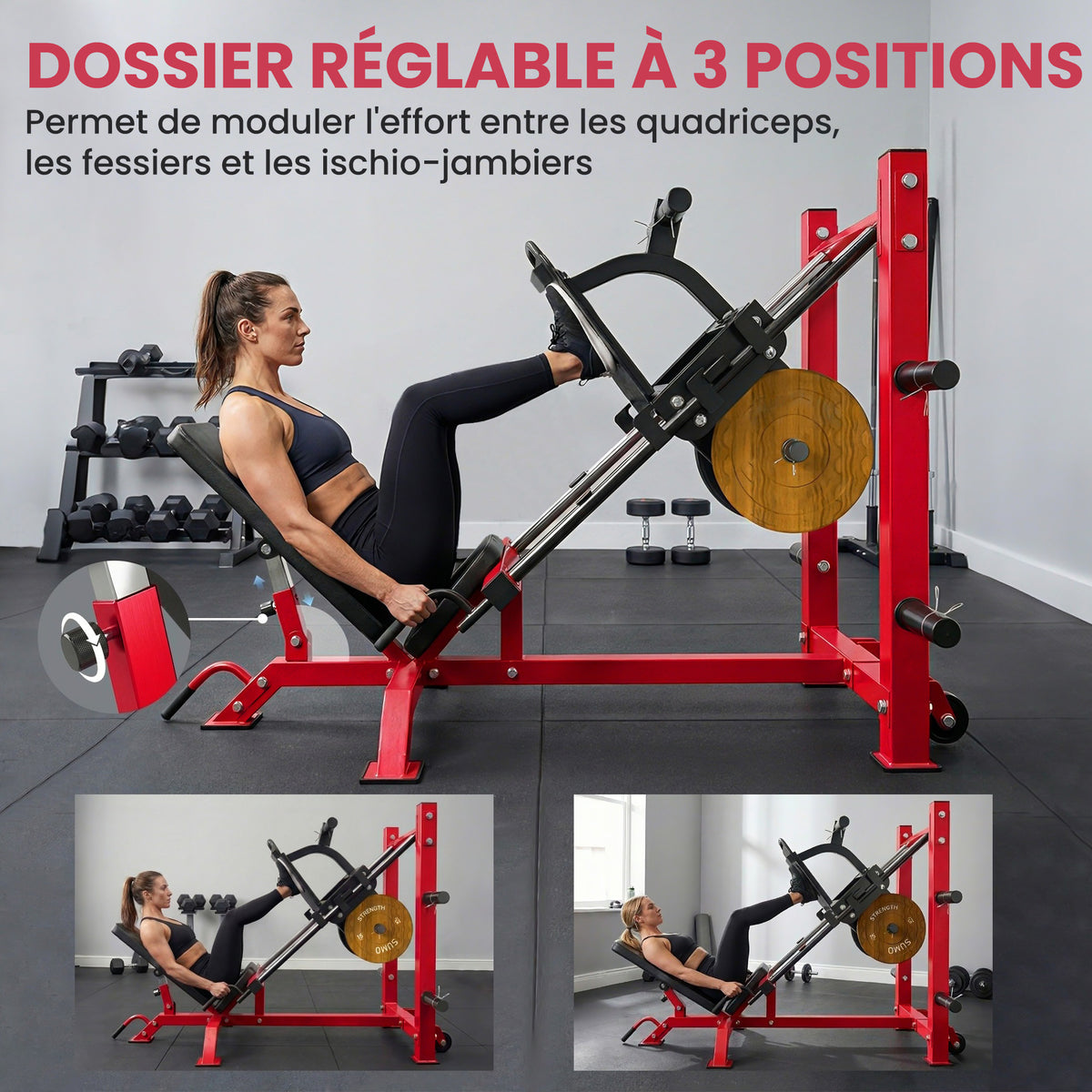 Pressa per gambe professionale, macchina per muscolazione gambe e hack squat 455kg, attrezzo regolabile 185x120x140cm rosso