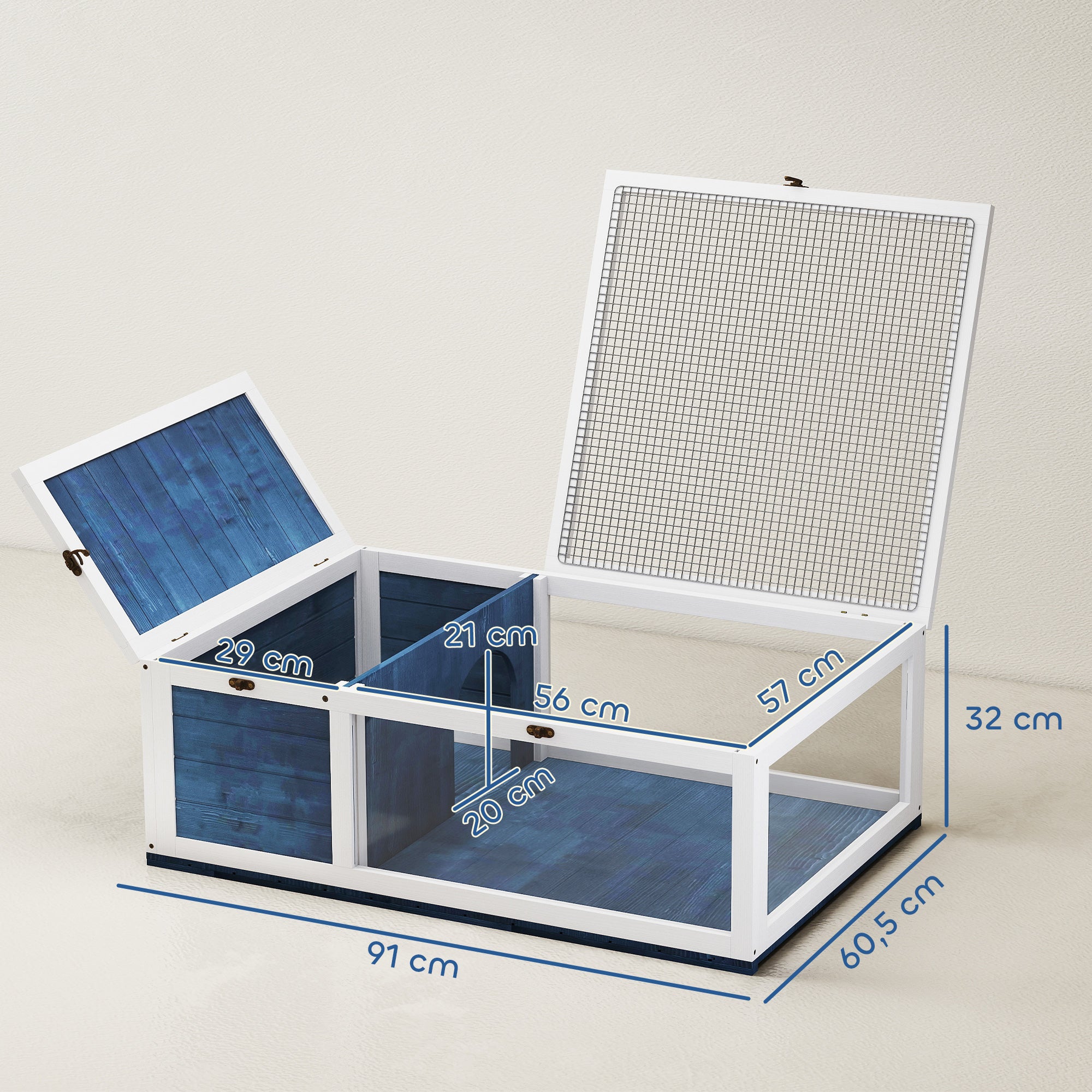 Maison enclos cage habitat pour petit animal tortues avec 2 espaces 91 x 60,5 x 32 cm bois massif bleu