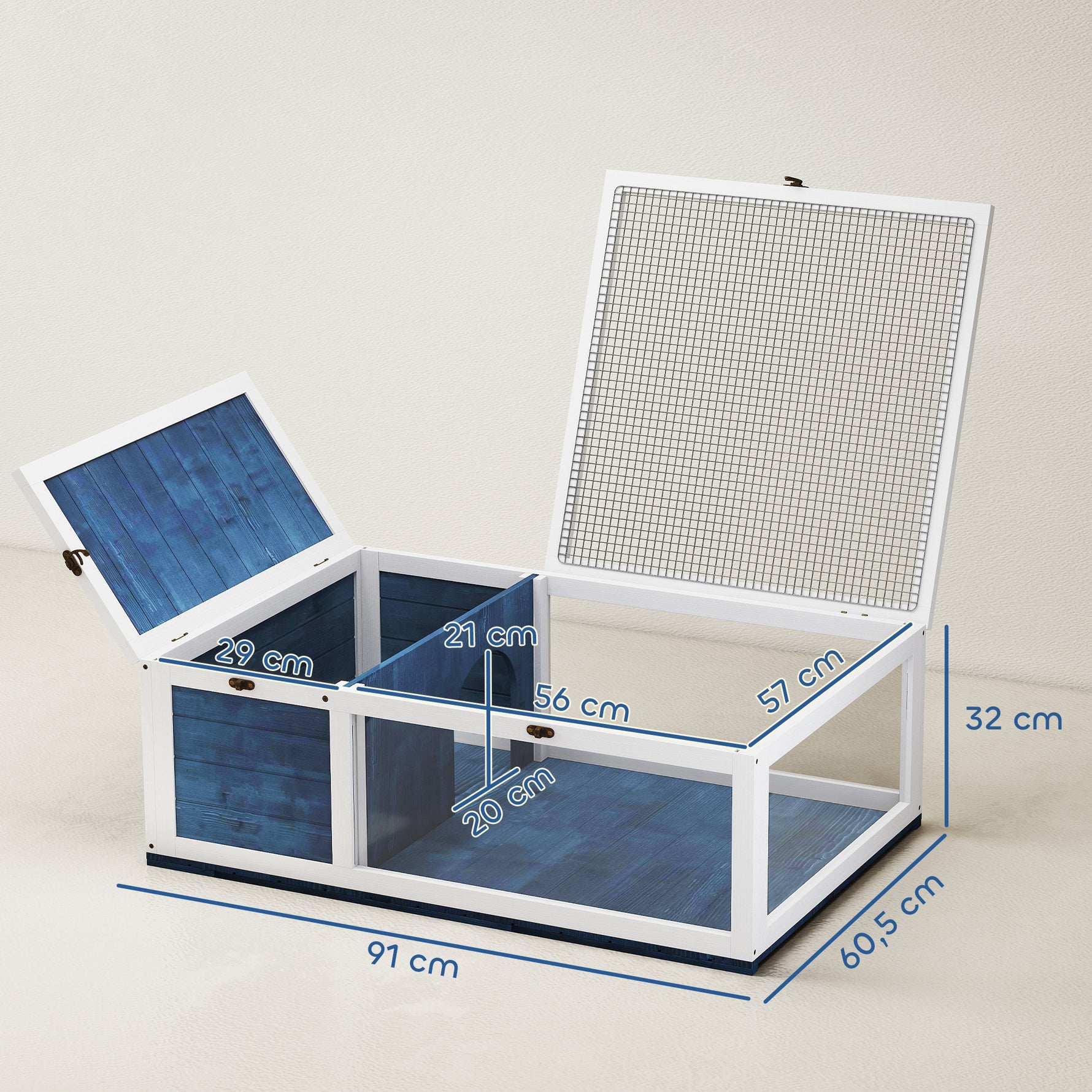 Maison enclos cage habitat pour petit animal tortues avec 2 espaces 91 x 60,5 x 32 cm bois massif bleu