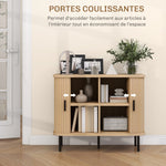 Buffet meuble de rangement avec portes coulissantes à lattes, armoire de cuisine avec pieds en acier, ton chêne