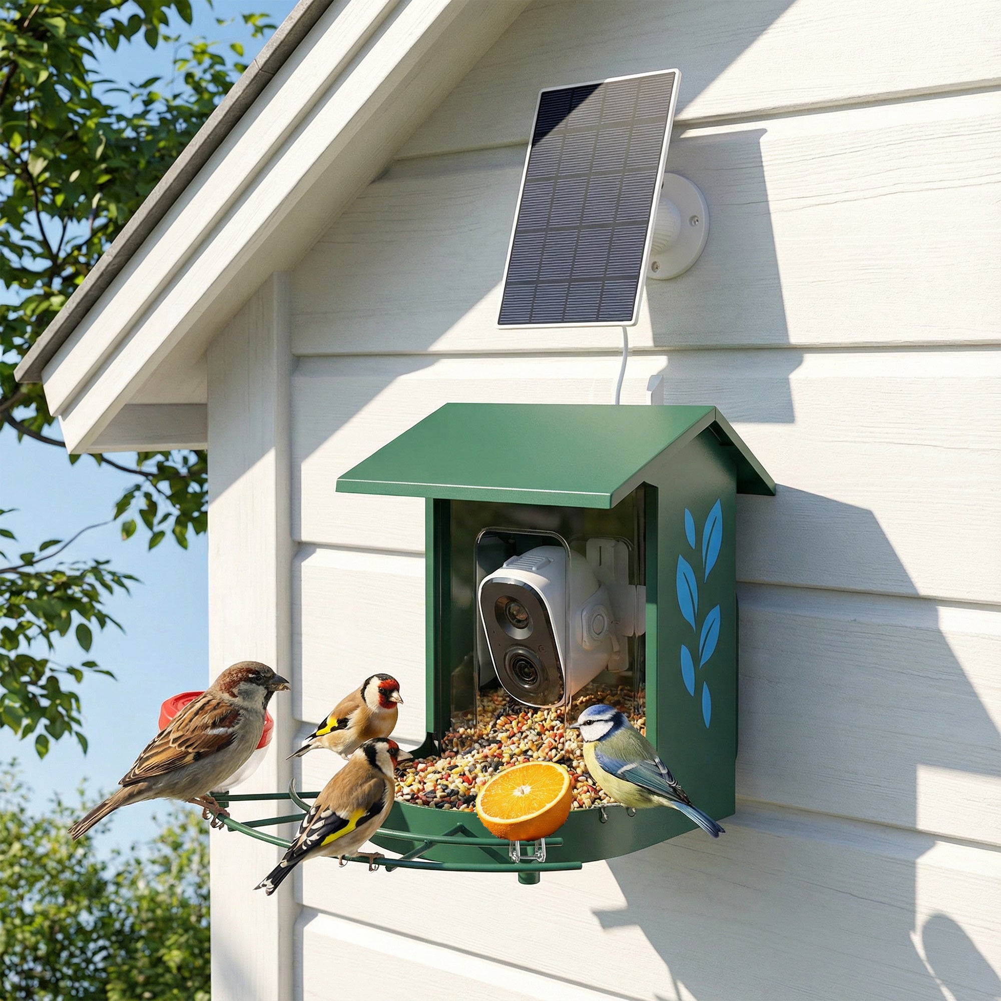 Mangeoire à Oiseaux avec Caméra 2K Solaire 2,5L 142°, Identification IA 16000+, App, IP65, SD 32 Go, 30x34,5x26,3cm Vert