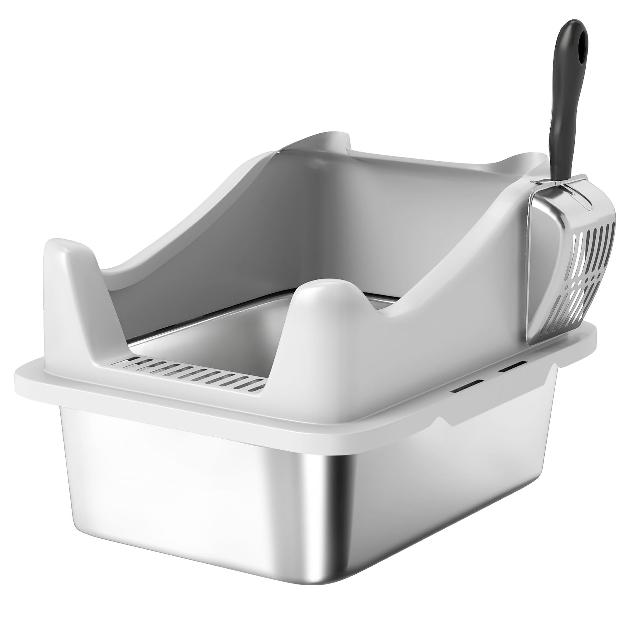 Bac à litière en acier inoxydable, maison de toilette pour chat, bords hauts, nettoyage facile, 43,1x33,2x25,4cm, gris