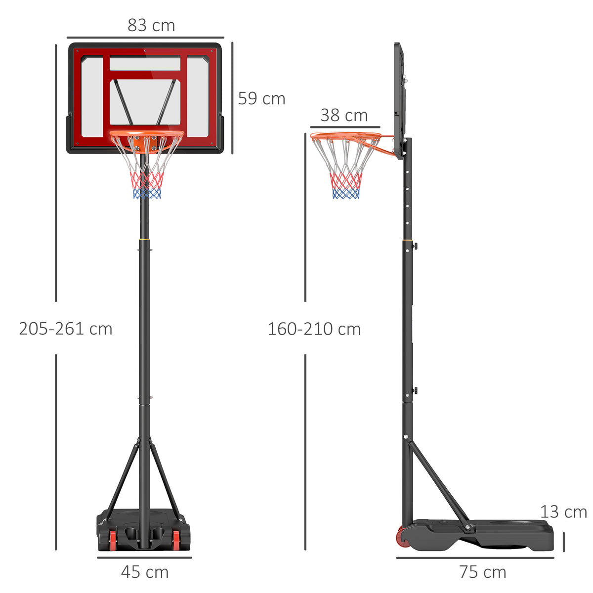 Panier de basket extérieur hauteur réglable 160–210 cm panier de basket sur pied à roulettes base remplissable noir