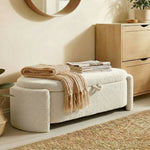 Banc de rangement, bout de lit ovale en polaire Teddy avec assise large, 129 x 48,5 x 44 cm, crème